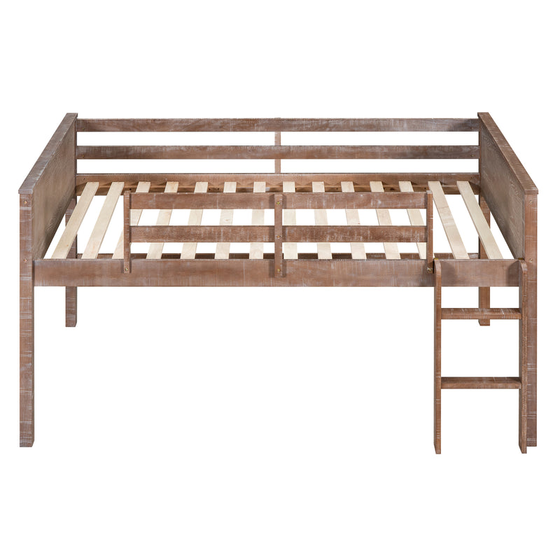 Wood Full Size Loft Bed with Hanging Clothes Racks, White Rustic Natural