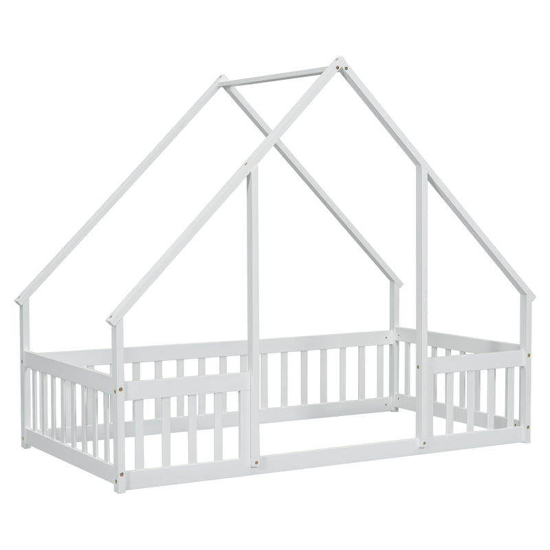 Twin Wood House-Shaped Floor Bed with Fence, Guardrails ,White