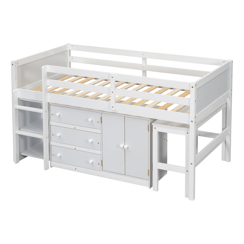 Twin Size Low Loft Bed With Pull-Out Desk, Drawers, Cabinet, and Shelves for White Color