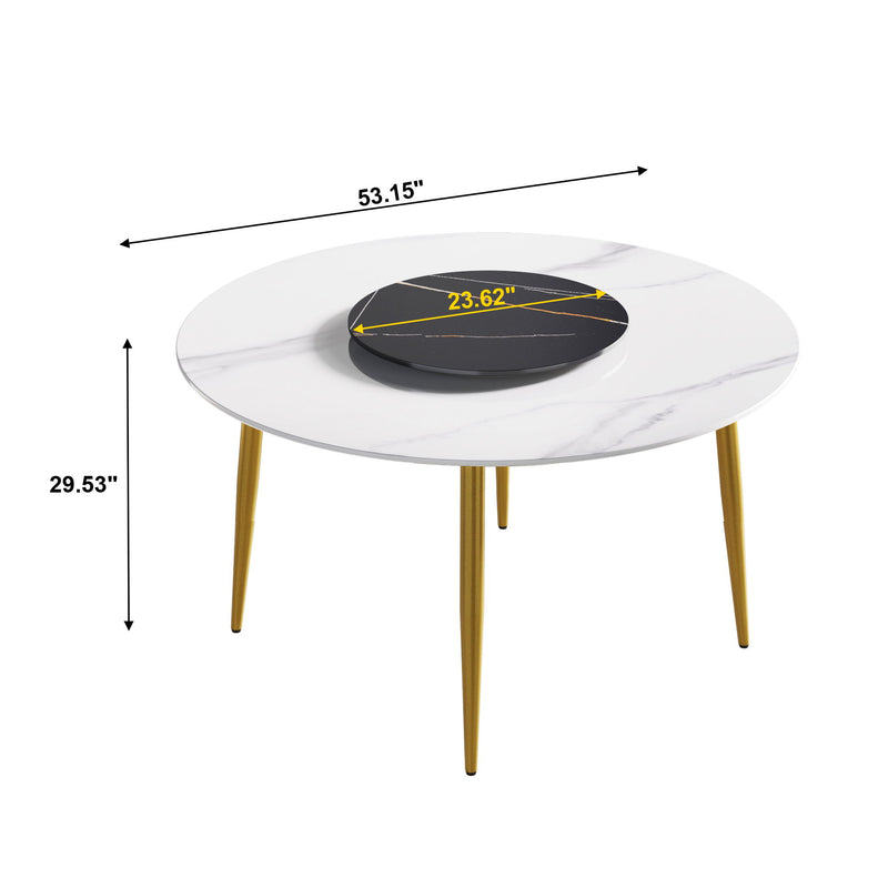 53.15" Modern Artificial Stone Round Golden Metal Dining Table, Can Accommodate 6 People, Artificial Stone Turntable - White / Black