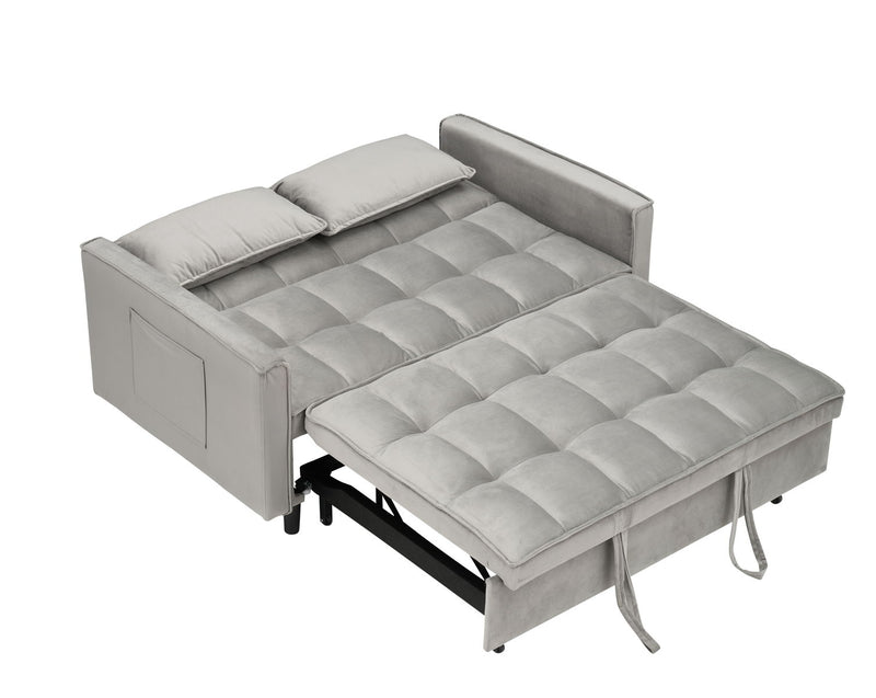 Modern Velvet Loveseat Futon Sofa Couch Pullout Bed, Small Love Seat Lounge Sofa With Reclining Backrest, Toss Pillows, Pockets, Furniture For Living Room, 3 In 1 Convertible Sleeper Sofa Bed - Gray