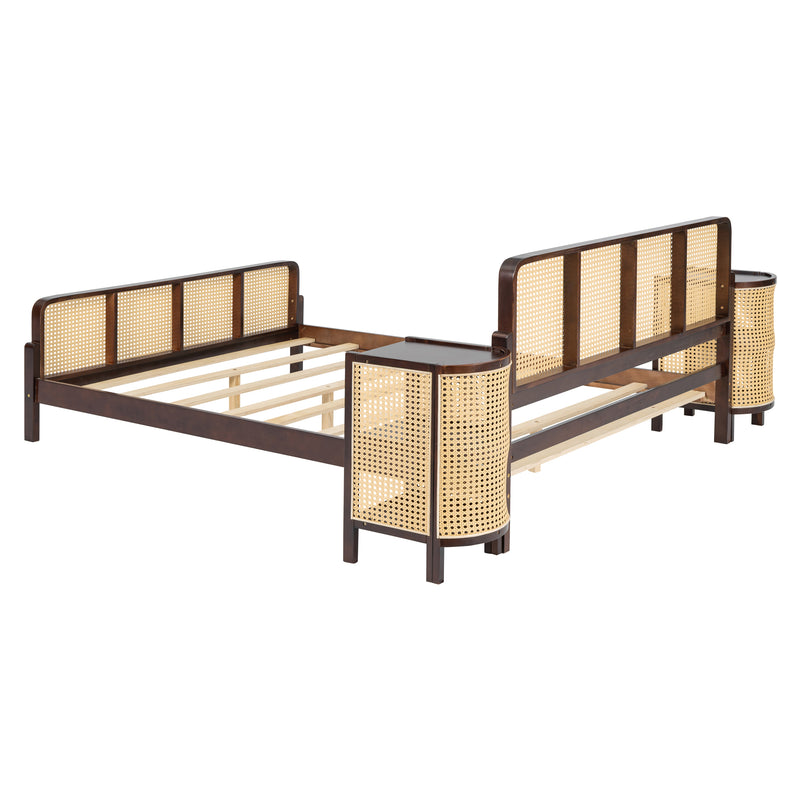 3 Pieces Rattan Platform Full Size Bed With 2 Nightstands,Walnut