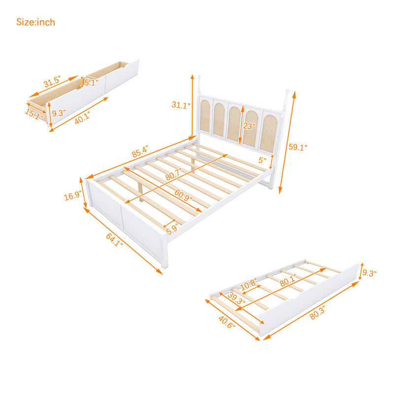 Rattan Platform Bed With With 2 Big Drawers With Trundle