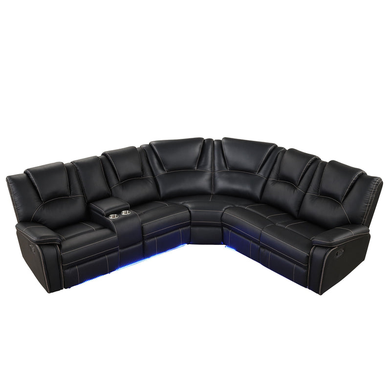 Modern Faux Leather Manual Reclining With Center Console With LED Light Strip, Living Room Furniture Set, PU Symmetrical Couch With 2 Cup Holders And Storage For Living Room - Black