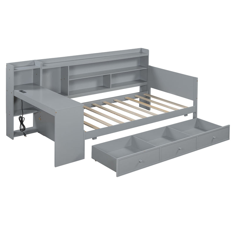 Twin Size Wooden Daybed With 3 Drawers, USB Ports And Desk - Gray