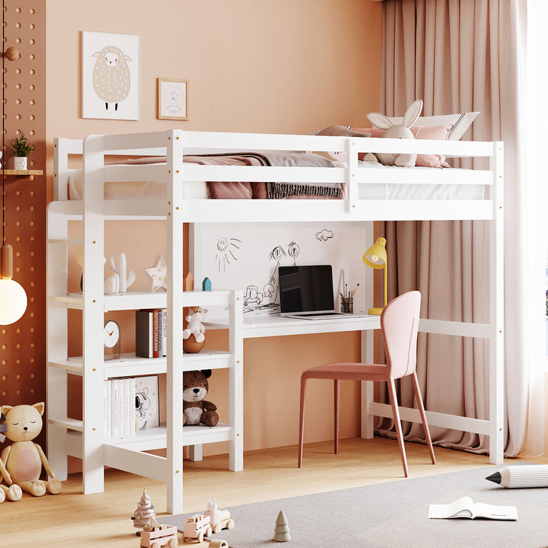 Twin Size Wooden Loft Bed with Shelves, Desk and Writing Board - White