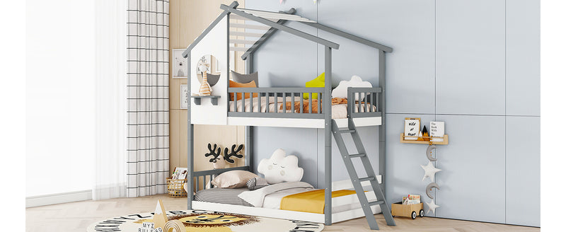 Twin Over Twin Bunk Bed Wood Bed with Roof, Window, Ladder,Gray(OLD SKU :LT100008AAE)