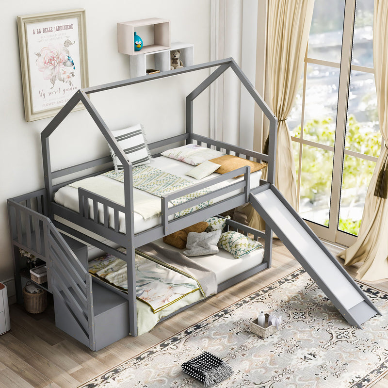 Twin Over Twin House Bunk Bed With Convertible Slide, Storage Staircase