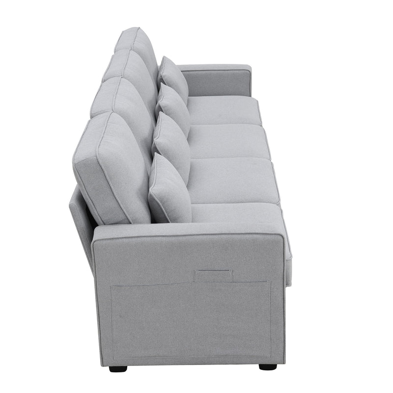 4 Seater Modern Linen Sofa With Armrest Pockets And 4 Pillows, Minimalist Style Couch For Living Room