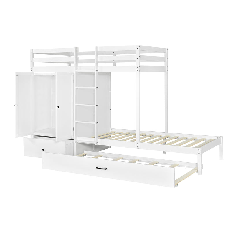 Twin-over-twin Bunk Bed with Wardrobe, Drawers and Shelves, White