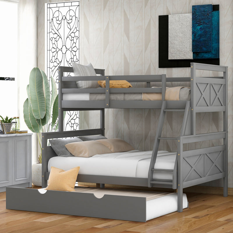 Twin over Full Bunk Bed with Ladder, Twin Size Trundle, Safety Guardrail, Gray