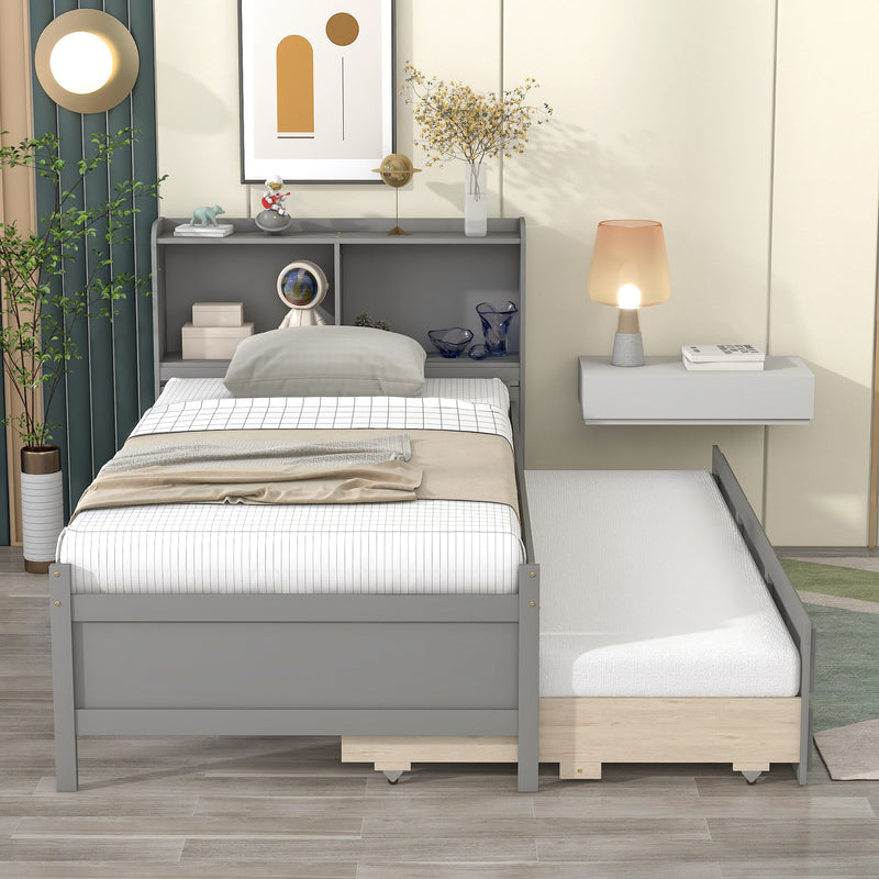 Twin Bed with Twin Trundle,Drawers,Grey