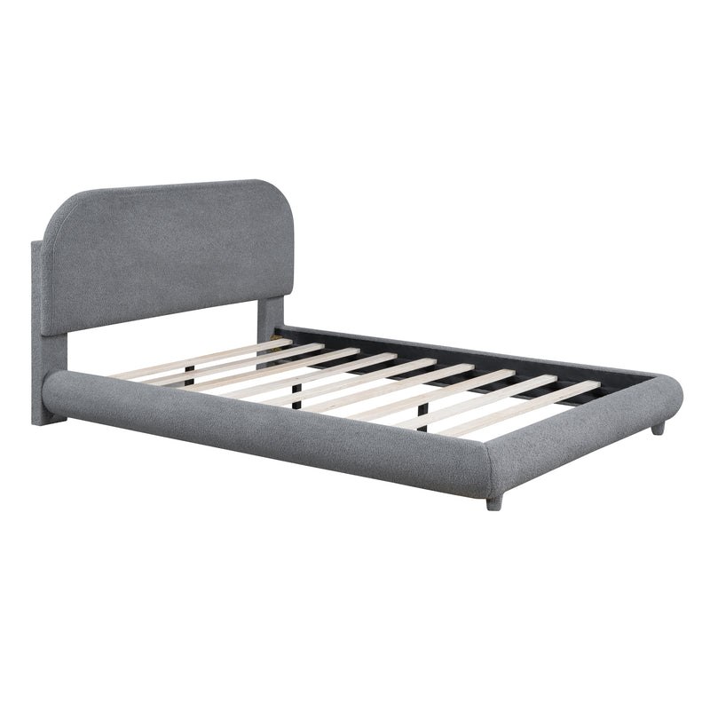 Teddy Fleece Full Size Upholstered Platform Bed with Thick Fabric, Solid Frame and Stylish Curve-shaped Design, Gray