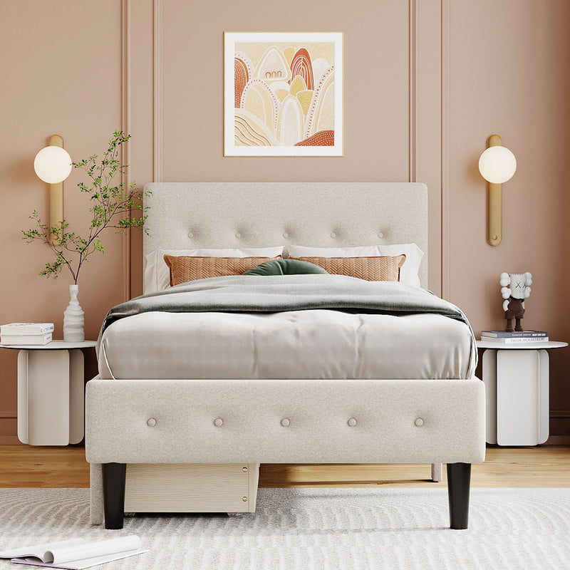 Twin Size Upholstered Platform Bed with 2 Drawers, Beige