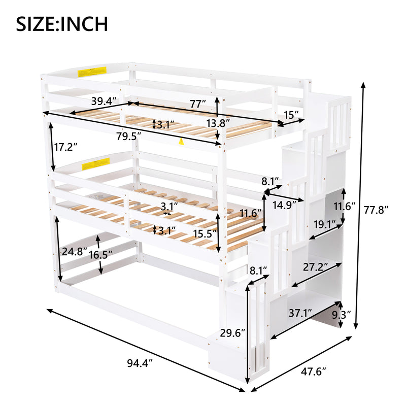 Twin Size Triple Bunk Bed with Storage Staircase,Separate Design,White