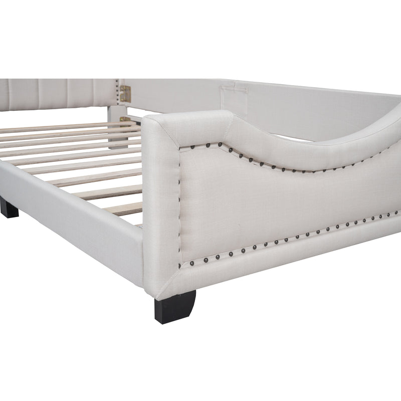 Twin Size Upholstered Platform Bed with Nailhead Trim Decoration and Guardrail, Beige