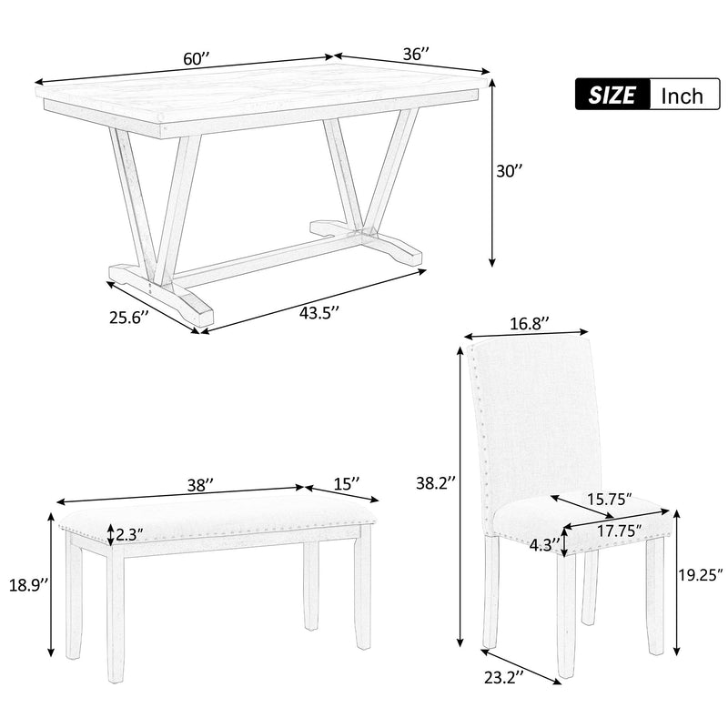 6 Piece Dining Table Modern Style With 4 Chairs & 1 Bench, Table With Marbled Veneers Tabletop And V-Shaped Table Legs - White