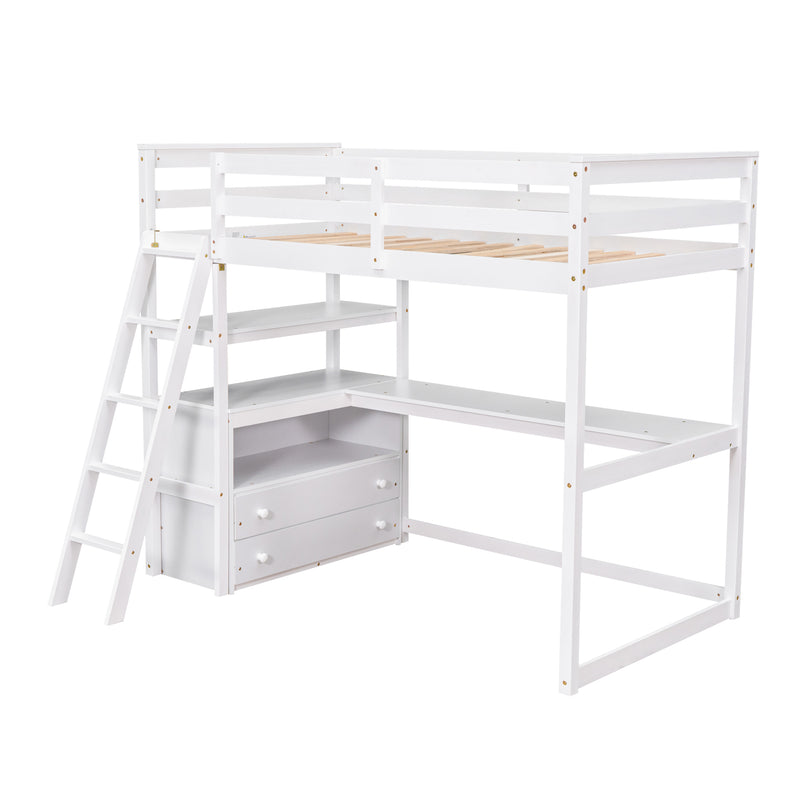 Twin Size Loft Bed with Desk and Shelves, Two Built-in Drawers, White (old SKU: GX000803AAK-1)