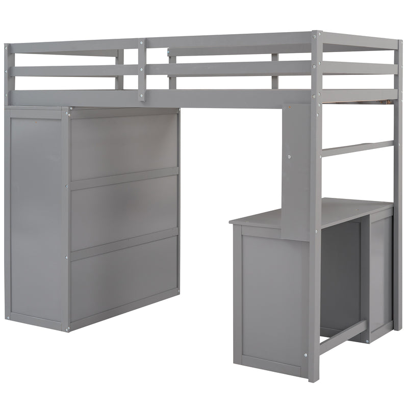 Twin size Loft Bed with Drawers,Desk,and Wardrobe-Gray