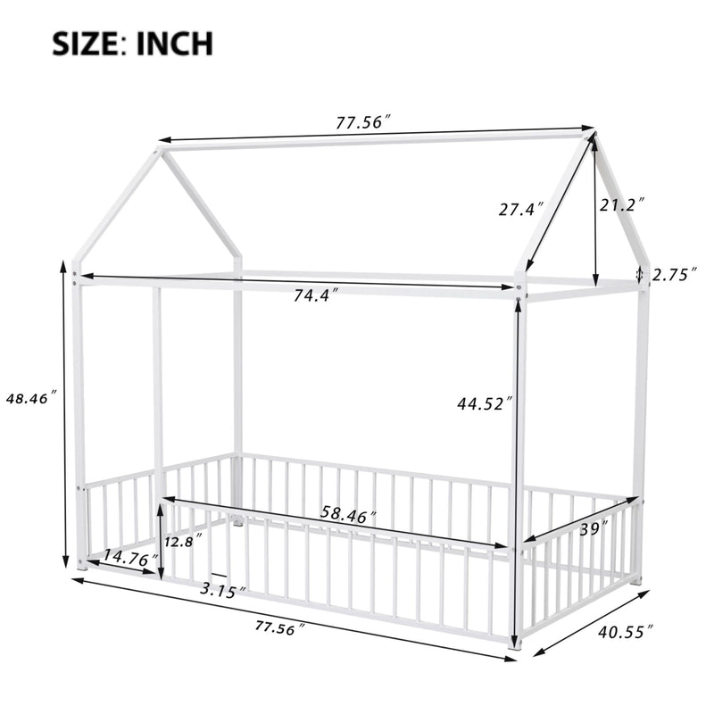 Twin Size Metal Bed House Bed Frame With Fence, For Kids, Teens, Girls, Boys