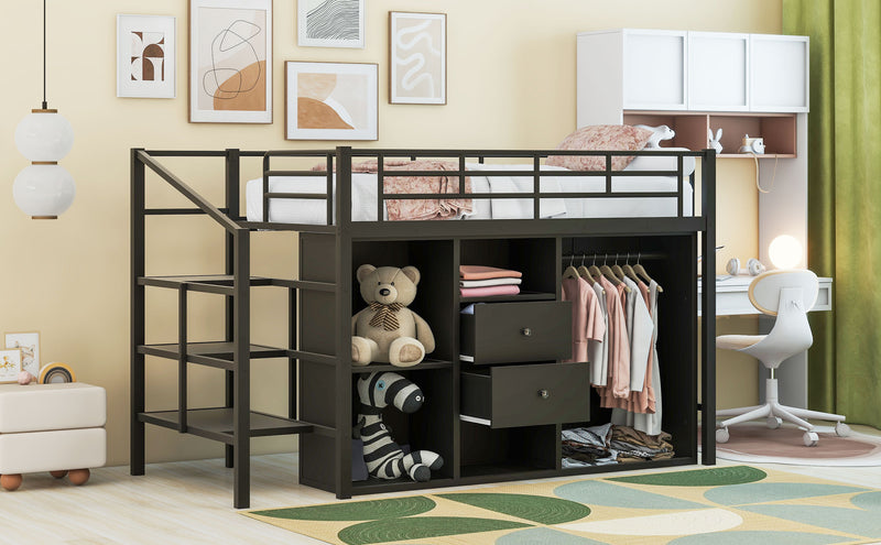 Twin Size Metal Loft Bed with Drawers, Storage Staircase and Small Wardrobe