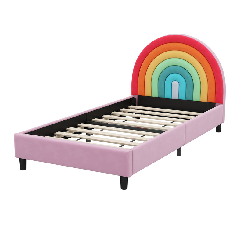 Rainbow Design Upholstered Twin Platform Bed Cute Style Princess Bed for Boys & Girls, Teens, Colorful & Pink