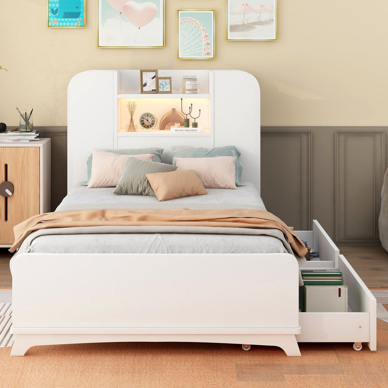 Twin Size Storage Platform Bed Frame with with Two Drawers and Light Strip Design in Headboard,White