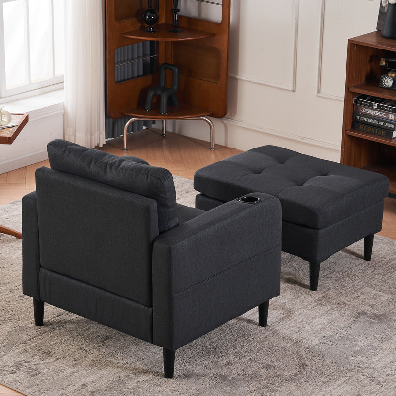 Upholstered Armchair And Storage Ottoman Set, Comfortable Single Sofa With Cup Holders And Tufted Detailing, Ideal For Living Room Or Bedroom - Dark Gray