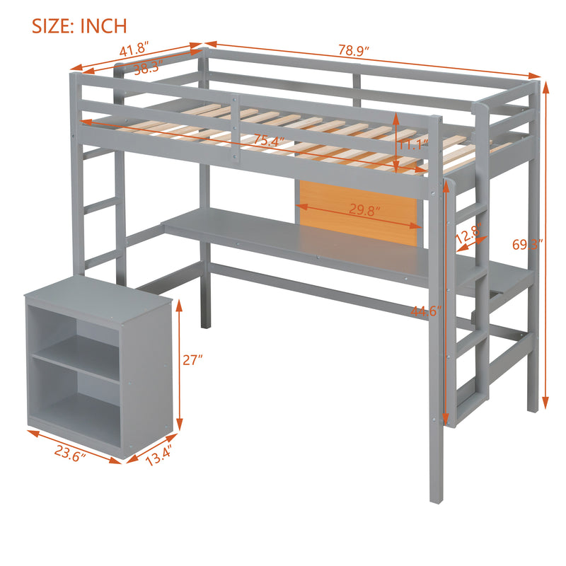 Twin size Loft Bed with Desk and Writing Board, Wooden Loft Bed with Desk & 2 Drawers Cabinet- Gray