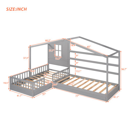 Wood House Bed Twin Size, 2 Twin Solid Bed L structure with fence and slatted frame, Gray