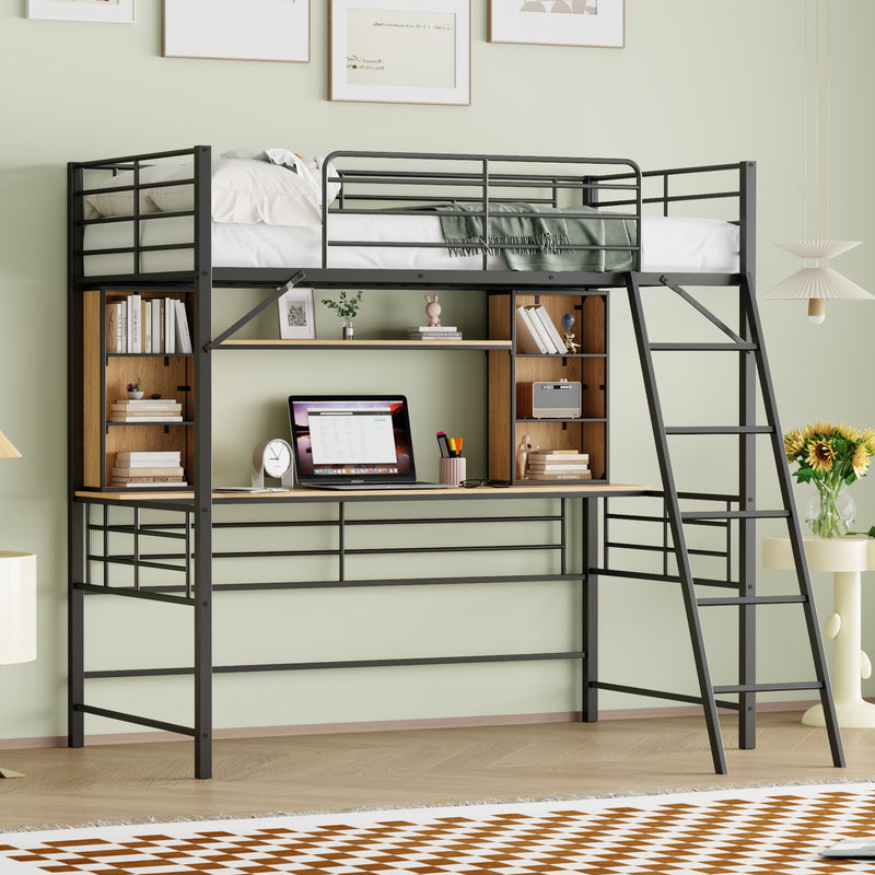 Twin Size Loft Bed with Desk and Shelf , Loft Bed with Ladder,Twin,Black