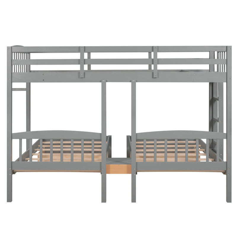 Twin over Twin & Twin Bunk Bed with Built-in Middle Drawer, Gray