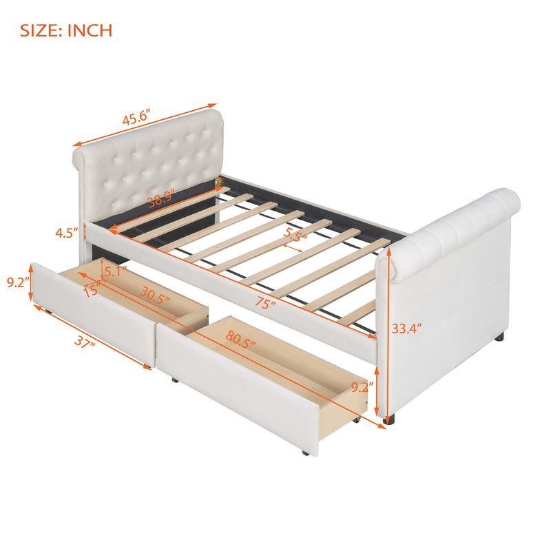 Twin Size Upholstered Daybed With Drawers, Wood Slat Support - Beige