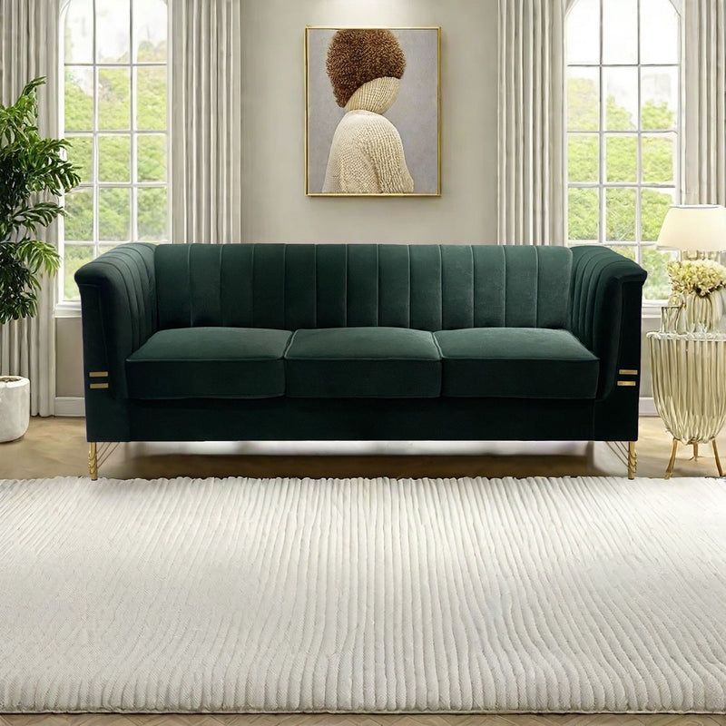 Fx-P82-Gr (Sofa) Velvet Sofa, Mid-Century Sofa Furniture Chesterfield Couch For Living Room - Green