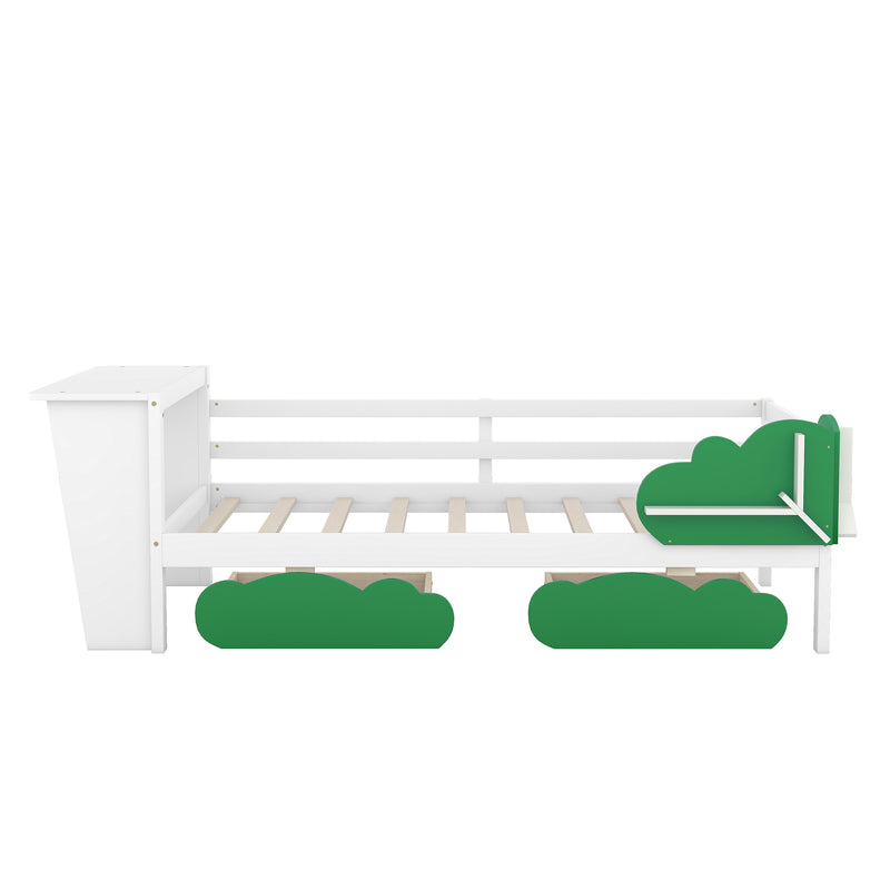 Twin Size Daybed with Desk, Green Leaf Shape Drawers and Shelves, White