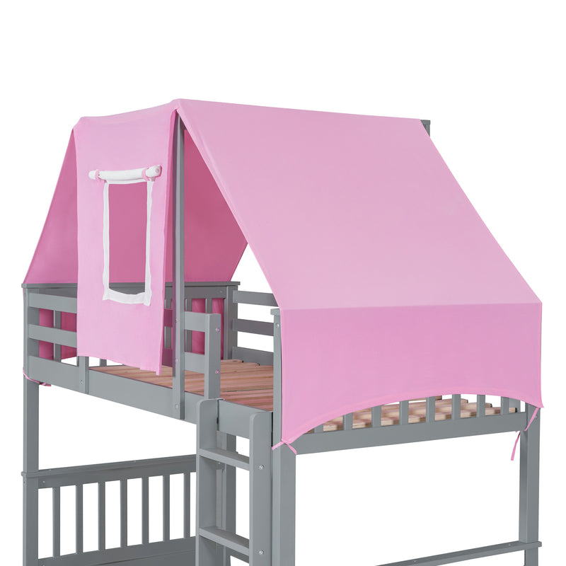 Twin Over Twin Bunk Bed Wood Bed with Tent and Drawers, Gray+Pink Tent