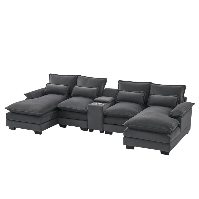 Modern U Shaped Sofa With Console, Cupholders And USB Ports, 6 Seat Upholstered Symmetrical Indoor Furniture, Sleeper Couch Set With Chaise For Living Room, Apartment, 2 Colors - Gray