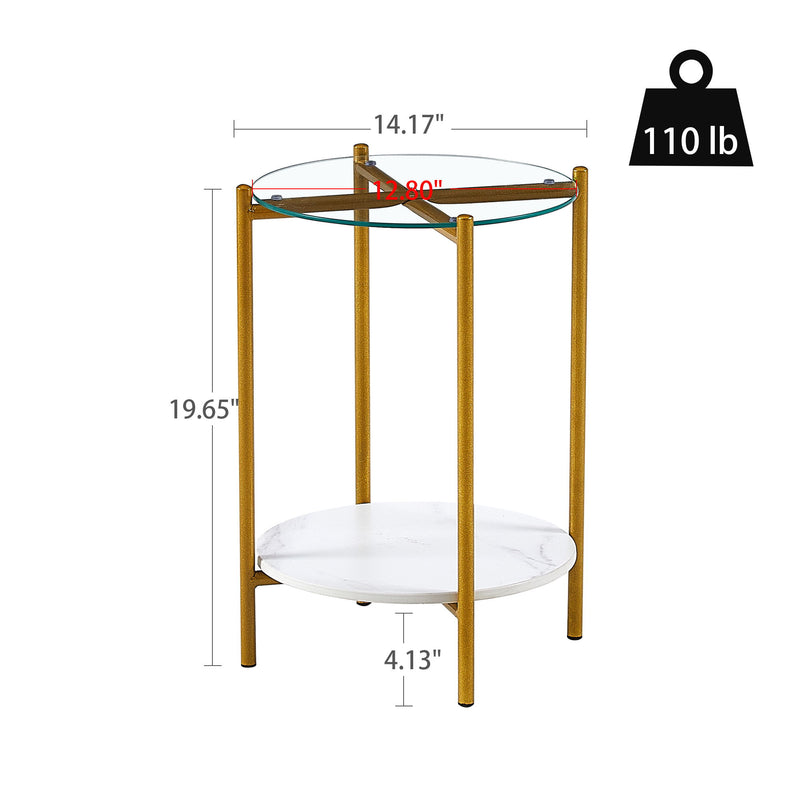 2-Layer End Table With Whole Marble Tabletop, Round Coffee Table With Metal Frame For Bedroom Living Room Office