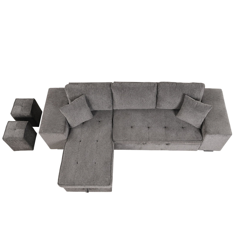 Modern L-Shape 3 Seat Reversible Sectional Couch, Pull Out Sleeper Sofa With Storage Chaise And 2 Stools For Living Room Furniture Set