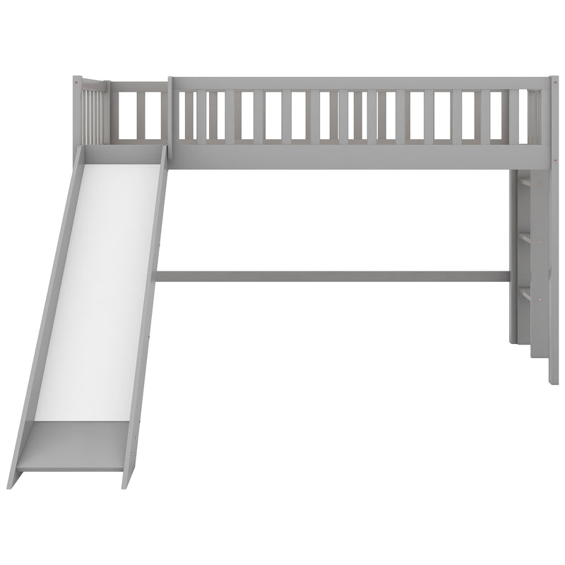 Twin Size Low Loft Bed with Ladder and Slide, Gray(OLD SKU:WF196418AAE)