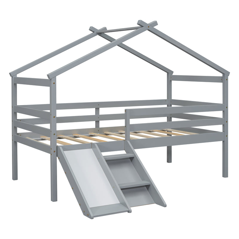 Twin Low Loft House Bed with Slide,  Ladder, Safety Guardrails, House Roof Frame,Grey