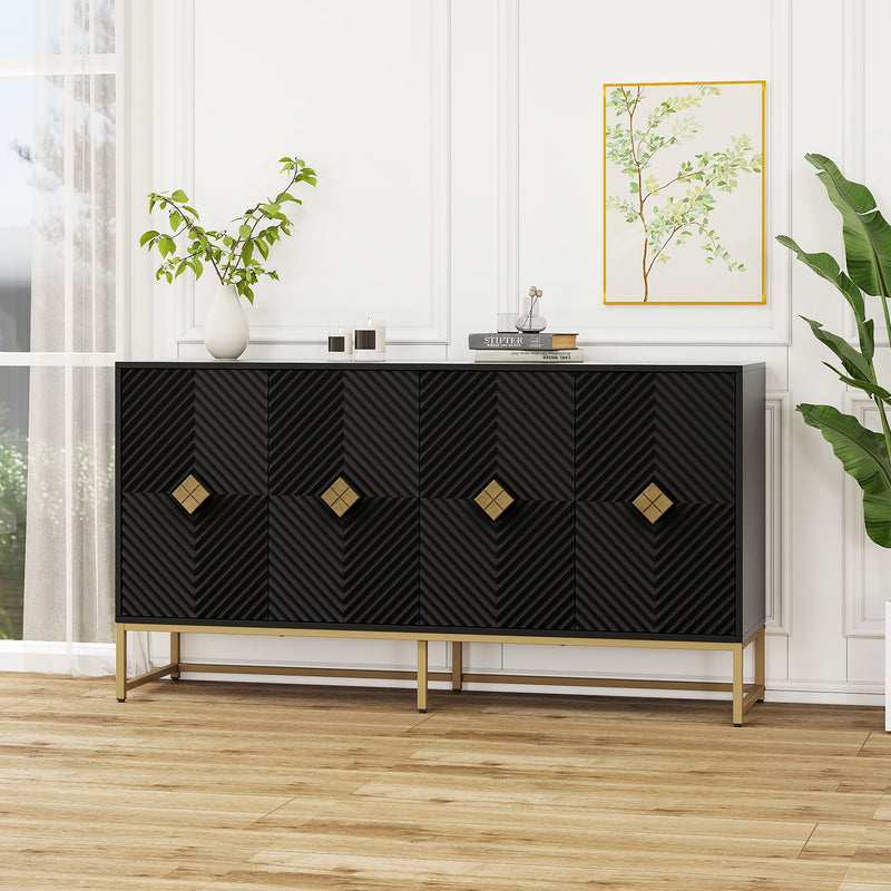 Carved 4 Door Sideboard, Sideboard Buffet Cabinet With Storage, Modern Coffee Bar Cabinet With Adjustable Shelf For Living Room, Diningroom, Kitchen - Black