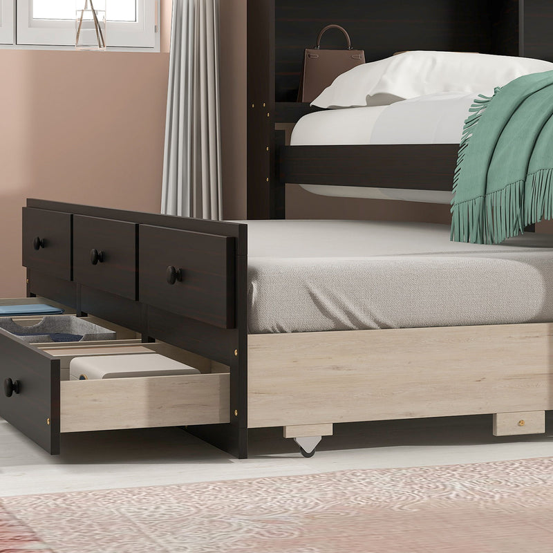 Full Bed With Bookcase, Twin Trundle, Drawers - Espresso