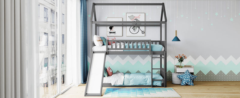 Twin Over Twin Bunk Bed with Slide, House Bed with Slide, Gray(OLD SKU: LT000213AAE