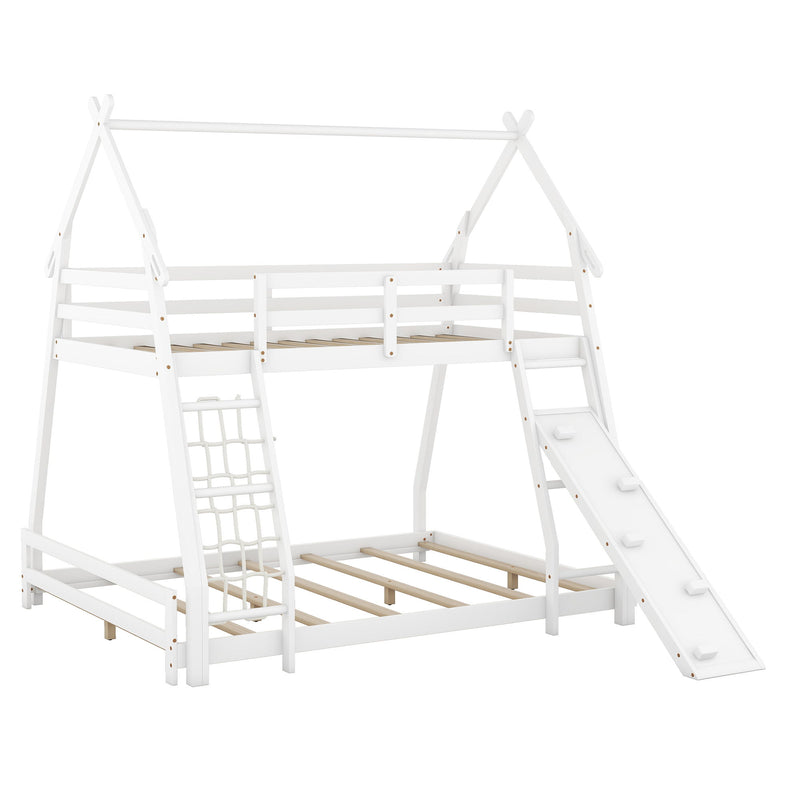 Twin Over Queen House Bunk Bed With Climbing Nets And Climbing Ramp