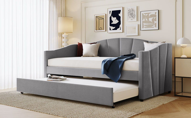 Twin Size Upholstered Daybed Sofa Bed With Trundle Bed And Wood Slat - Gray