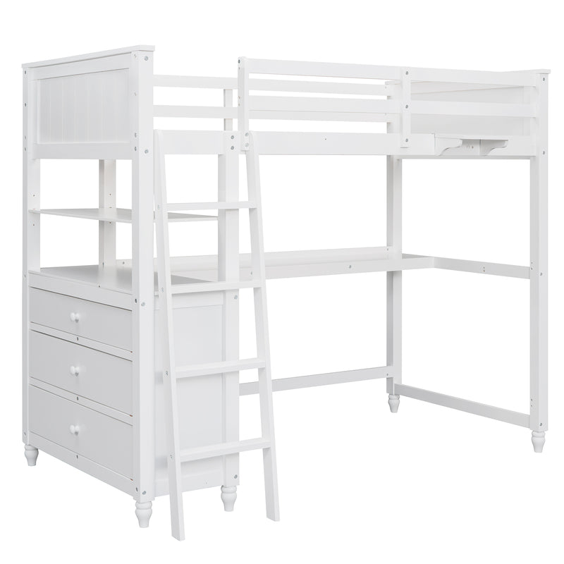 Twin size Loft Bed with Drawers and Desk, Wooden Loft Bed with Shelves - White(OLD SKU: LT001530AAK)