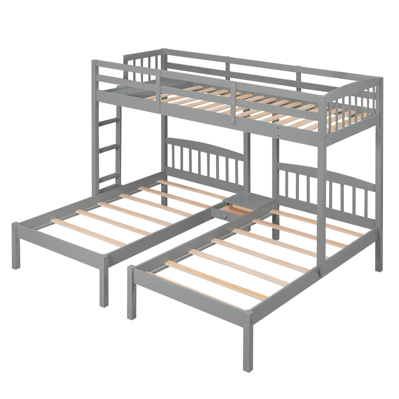 Twin over Twin & Twin Bunk Bed with Built-in Middle Drawer, Gray