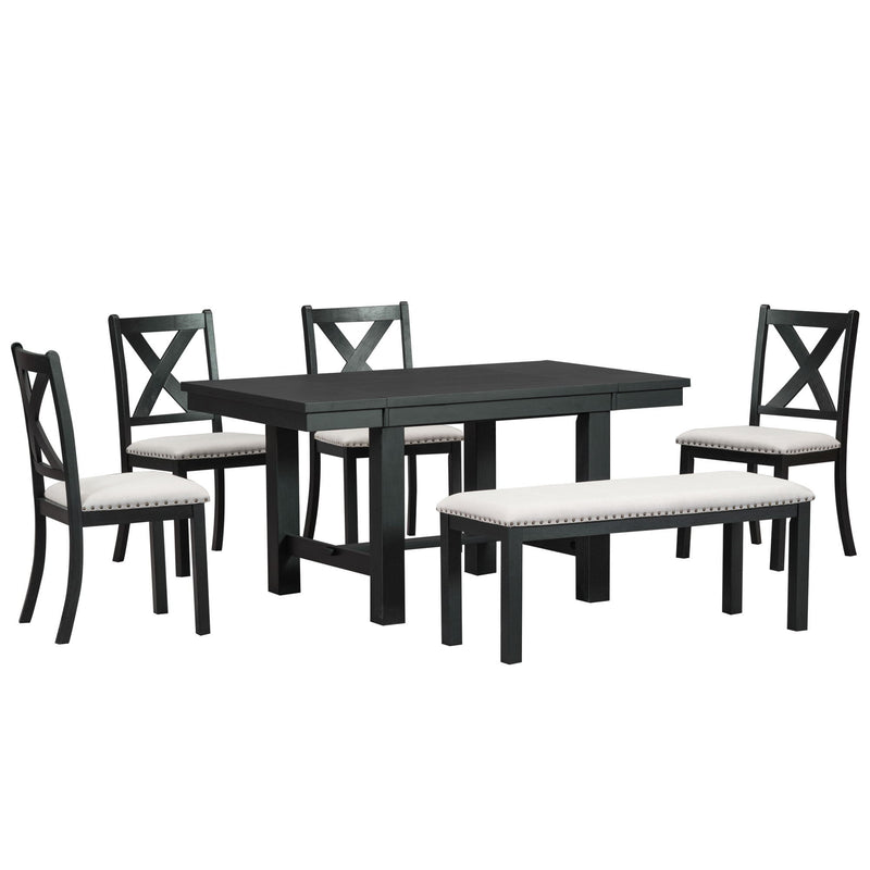 Topmax - 6 Piece Farmhouse Extendable Dining Table With Footrest, 4 Upholstered Dining Chairs And Dining Bench, Two 11" Removable Leaf