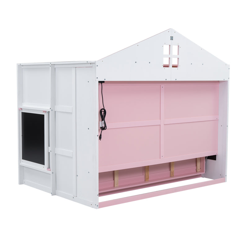 Wood Full Size House Murphy Bed with USB, Storage Shelves and Blackboard, Pink+White